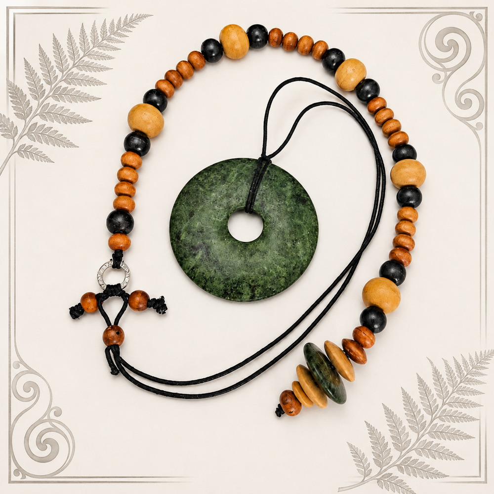 Large 7cm Nephrite Jade Porohita Bi Disc Necklace Artisan Wood Bead Wearable Art